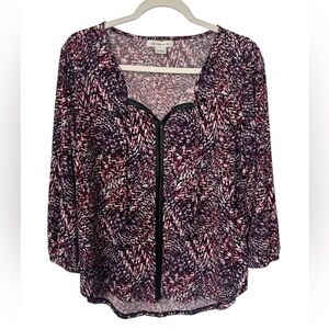 Liz Claiborne V-Neck Faux Leather Detail Purple & Pink Abstract Blouse